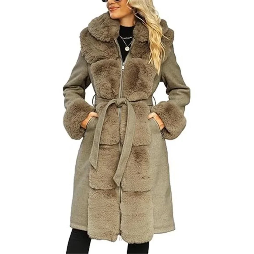 Women's Wool Pea Coat Faux Fur Jacket Winter Warm Parka Overcoat with Belt - Picture 7 of 8